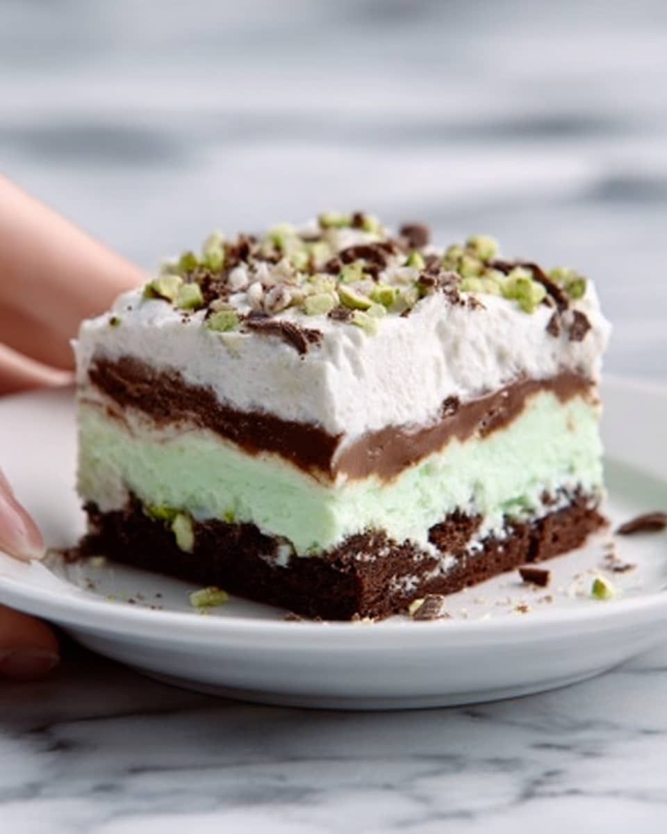 The image shows a three-layer dessert square on a white plate sitting on a white marbled surface. The bottom layer is thick and dark brown, looking like a soft chocolate brownie. On top of that is a lighter green layer with a smooth, creamy texture, topped by a thick, fluffy white whipped cream layer. The dessert is sprinkled with small light green and dark brown chocolate chips scattered over the whipped cream. The background is softly blurred green and white, making the dessert the clear focus. Photo taken with an iphone --ar 4:5 --v 7