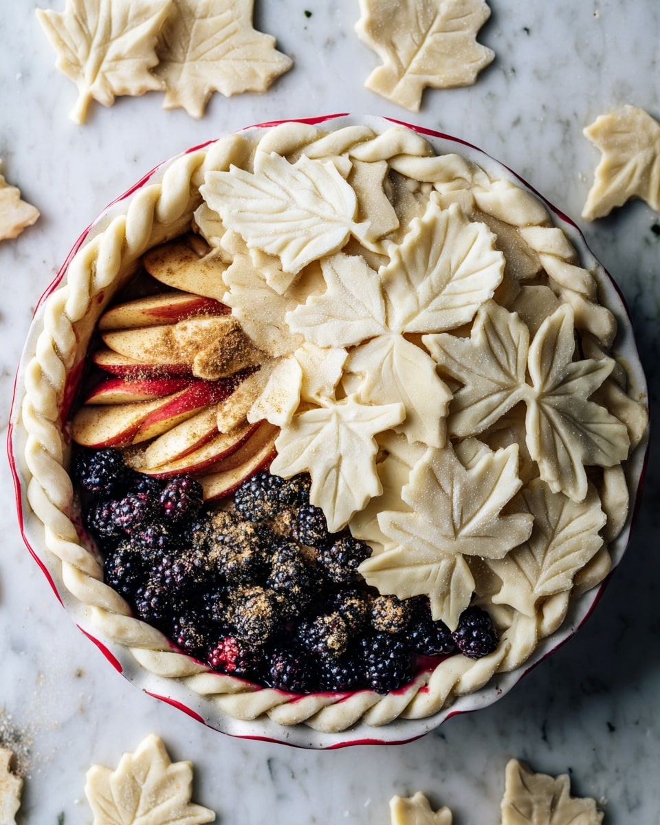 A close-up of an open apple and blackberry pie in a white pie dish with a red rim, showing a braided crust border around the edges. Inside, there are thin apple slices topped with brown sugar and blackberries arranged closely, while one side of the pie is covered with many overlapping white pie crust leaves shaped like maple leaves, showing delicate veins. The dish sits on a white marbled surface scattered with more leaf-shaped crust cutouts. The pie filling looks soft and juicy under the sugar, and the crust is smooth and slightly thick. Photo taken with an iphone --ar 4:5 --v 7