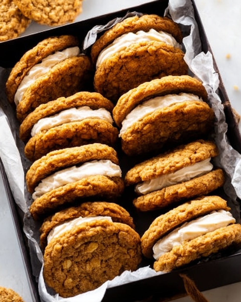 The image shows a box filled with many cookie sandwiches arranged in rows. Each sandwich has two golden-brown oatmeal cookies on the top and bottom, with a thick layer of light beige cream filling in the middle that looks smooth and fluffy. The cookies have a rough texture with visible oats and slightly darker edges. The box is open, lined with white parchment paper, and is placed on a white marbled surface. Some cookies are stacked closely together, showing the cream layer clearly between each cookie pair. photo taken with an iphone --ar 4:5 --v 7