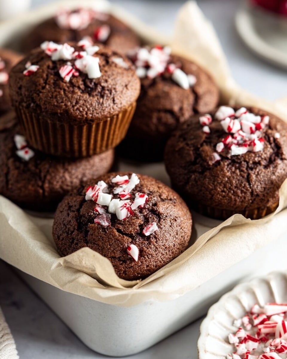 A close-up view of several chocolate muffins arranged closely together on beige parchment paper, inside a white dish. Each muffin has a cracked top revealing a soft texture, and small pieces of white and red crushed candy sprinkled neatly on the center. The background shows a white marbled surface, with a hint of red textured fabric on the left side. photo taken with an iphone --ar 4:5 --v 7