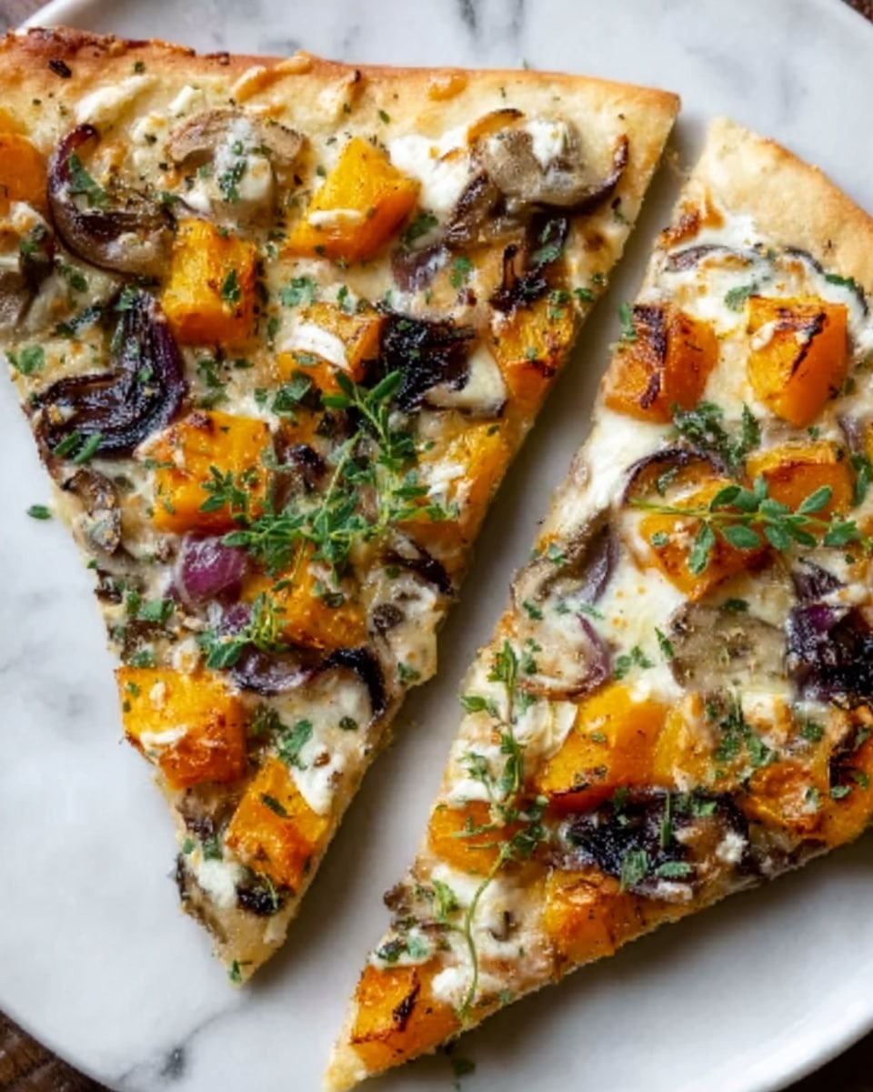 Two triangular slices of flatbread sit on a white plate over a white marbled background. The flatbread has a golden brown crust topped with a creamy white sauce. Scattered roasted butternut squash pieces in a bright orange-yellow color cover the surface in uneven patches. There are small bits of melted cheese melting into the purple-black caramelized onion slices, creating texture contrast. Fresh green herbs sprinkled on top add a touch of color and freshness. The flatbread is cut at the edges with a crisp crust visible. photo taken with an iphone --ar 4:5 --v 7