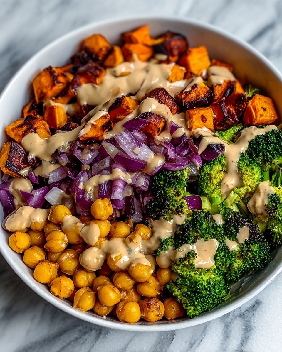 A white bowl filled with five visible layers of food arranged closely together. The bottom layer consists of golden-brown chickpeas with a shiny, smooth texture. Above the chickpeas, there is a layer of chopped red onions, which are bright purple and slightly translucent. Next to the onions is a layer of roasted sweet potatoes, cut into chunks with a deep orange color and some charred edges. Adjacent to the sweet potatoes are pieces of broccoli, bright green with a slightly crisp and slightly charred texture. The top layer is drizzled with a creamy, light beige sauce spread unevenly over all the vegetables. The bowl is set on a white marbled surface. photo taken with an iphone --ar 4:5 --v 7