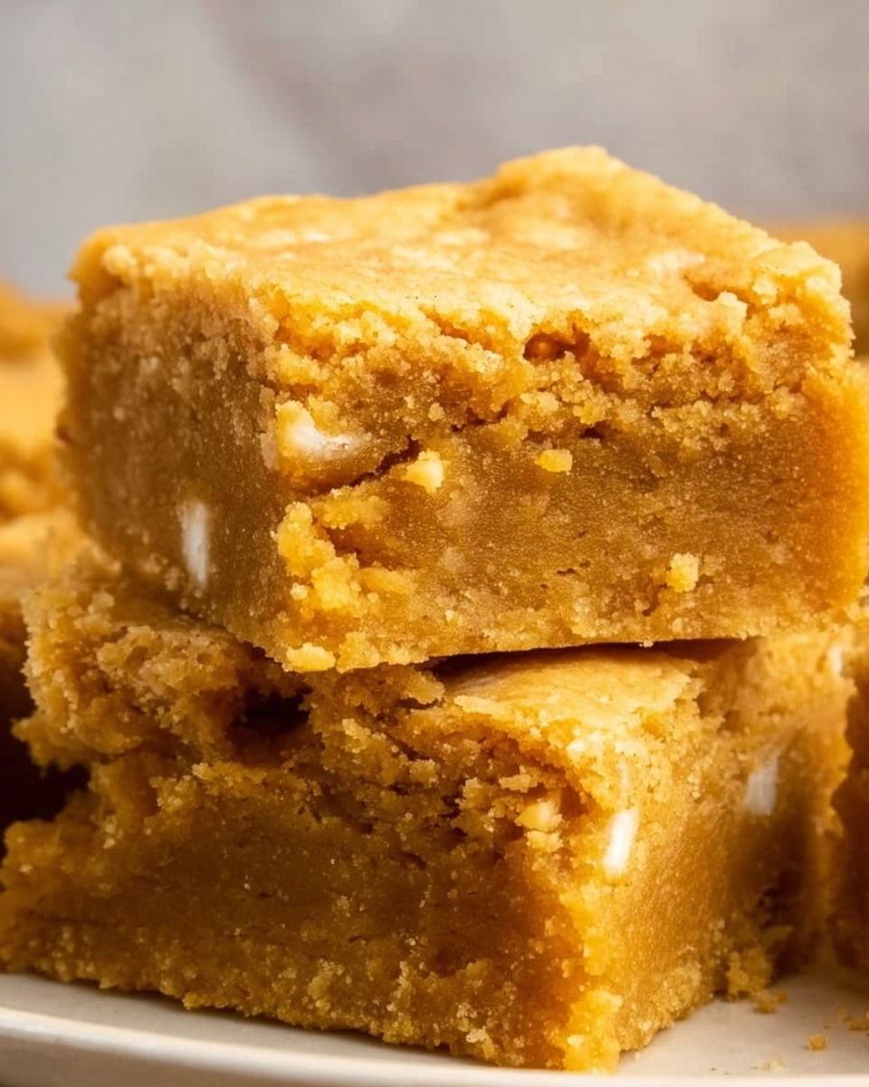 A close-up view of two square pieces of a soft, crumbly dessert stacked on top of each other, both showing an even golden brown color with a slightly cracked top layer. The inside texture looks moist and dense with small white spots scattered inside. The dessert pieces rest on more similar pieces beneath them, all placed on a white plate that is set on a white marbled surface. The focus highlights the crumbly texture and warm tones of the dessert. Photo taken with an iphone --ar 4:5 --v 7