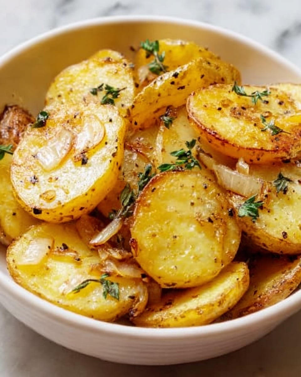 A white bowl filled with several slices of cooked yellow potatoes, each piece showing a soft, tender inside and a slightly browned, crispy outside. The potato slices are coated with herbs, including small green leaves and black pepper specks, and appear to be sautéed with thin, translucent pieces of onion. The dish has a warm, golden color with visible seasoning and tiny droplets of oil, giving it a glossy texture. The background surface is a white marbled texture. Photo taken with an iphone --ar 4:5 --v 7