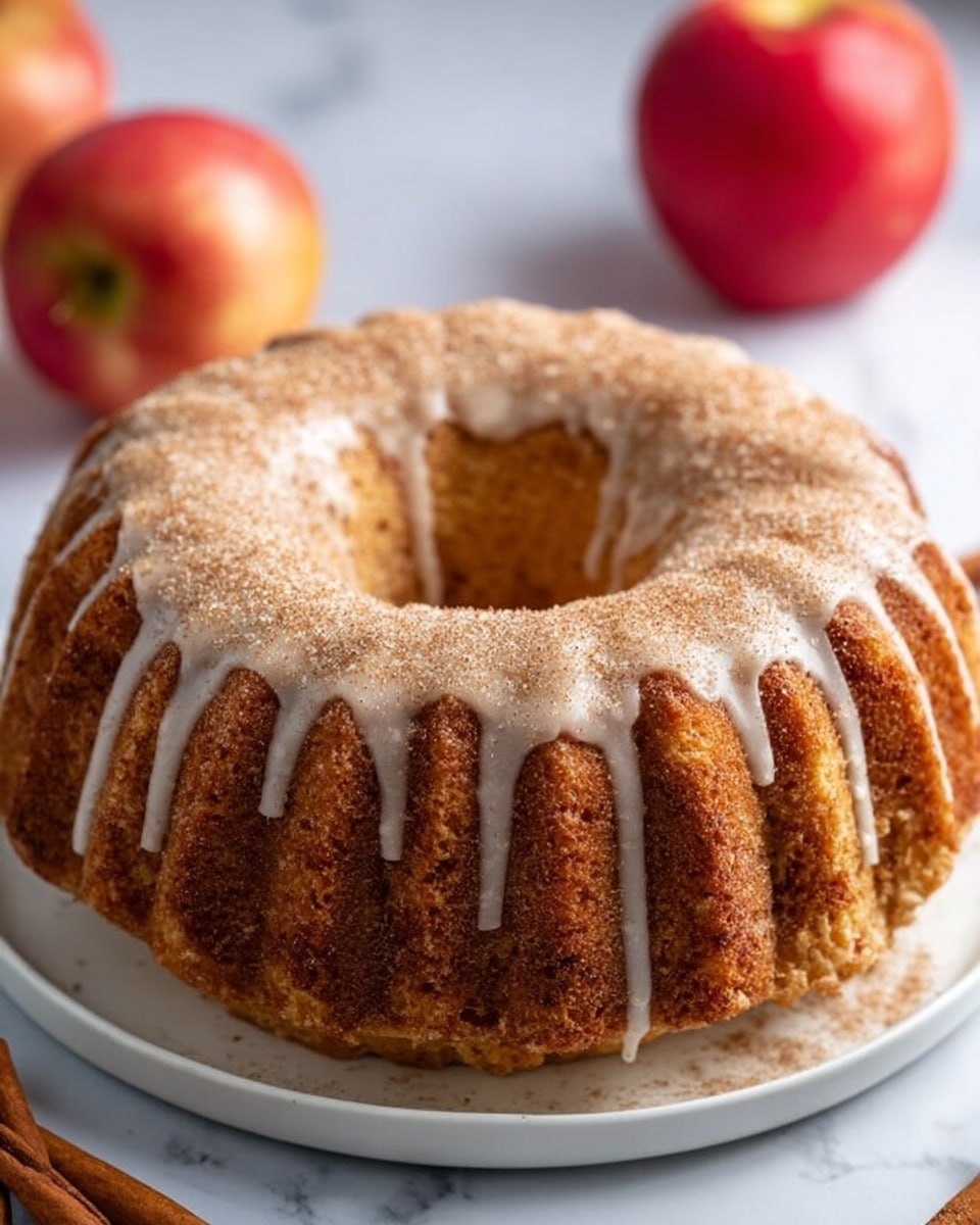 A golden brown bundt cake with a soft texture sits on a white plate over a white marbled surface. The cake has a ring shape with ridged edges and is topped with a thin layer of white icing dripping down the sides. On top of the icing, there is a dusting of light brown sugar and cinnamon that gives a slightly rough texture. In the background, two red apples and a few cinnamon sticks add warm color and context to the scene. The photo taken with an iphone --ar 4:5 --v 7
