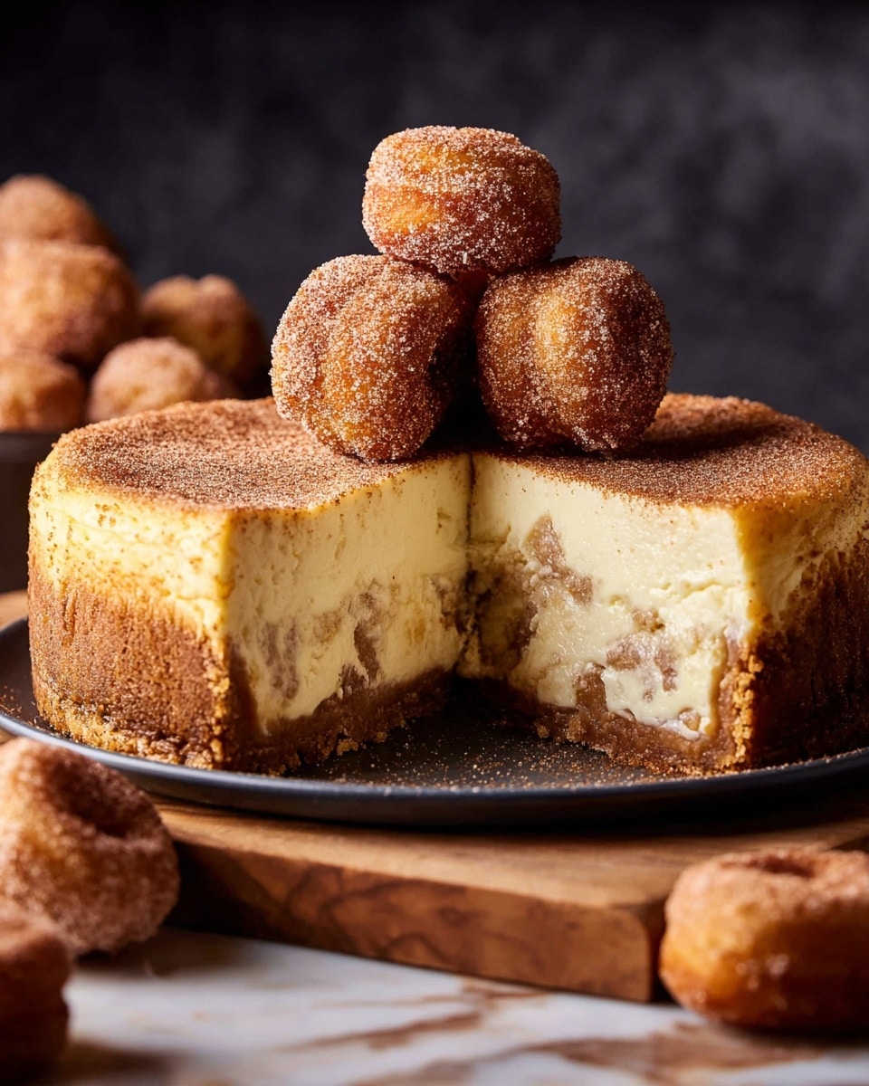 A thick round cheesecake with a light yellow creamy inside and a golden brown crust stands on a dark plate on a wooden table with a white marbled texture. The cheesecake is cut, showing a smooth and dense filling with small vanilla bean flecks. On top of the cheesecake, there are several small cinnamon sugar donuts stacked and leaned against each other, each with a textured, crispy, deep golden brown surface dusted in cinnamon sugar. More donuts are scattered around the base of the cheesecake. Photo taken with an iphone --ar 4:5 --v 7
