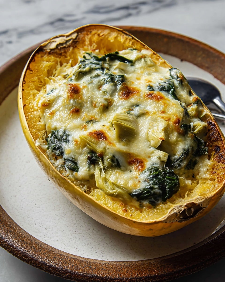 A roasted spaghetti squash half is filled with three distinct layers: a base of soft, pale yellow squash strands; a middle layer of dark green leafy spinach mixed with chunks of artichoke hearts that are light yellow with soft, smooth textures; and a top layer of melted, bubbly, golden-brown cheese covering the spinach and squash, with some browned spots showing a crispy texture. The squash is placed on a white plate with a rough, brown ceramic rim, set on a white marbled texture surface. photo taken with an iphone --ar 4:5 --v 7