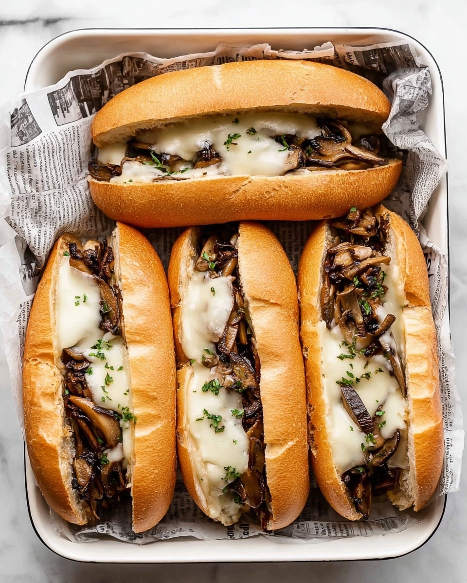 Four sandwich rolls are placed side by side in a white tray lined with paper that looks like newspaper print. Each roll has a soft, light brown crust and is sliced open horizontally to hold the filling. The first layer inside each roll is a layer of cooked, dark brown mushrooms with a slight shine. On top of the mushrooms, there is a layer of melted white cheese, soft and slightly stretchy, covering some of the mushrooms. The sandwiches are garnished with small green herb bits scattered on the cheese and around the fillings, adding a touch of color. The tray sits on a white marbled surface. Photo taken with an iphone --ar 4:5 --v 7