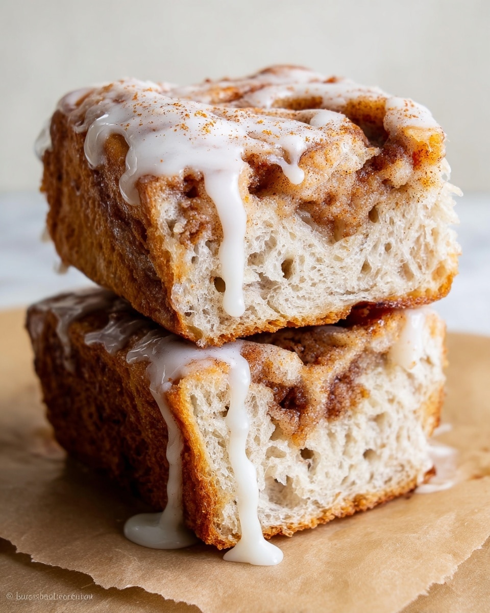 Two thick pieces of cinnamon bread stacked on top of each other on a piece of parchment paper. The top layer is golden brown with visible cinnamon swirls and sprinkled cinnamon bits, and has a slightly crispy texture. The bread underneath is light beige with a soft, airy look, filled with bubbles and cinnamon filling in the middle. White icing drips over both layers, creating a shiny and smooth contrast to the rough bread surface. The whole scene is set on a white marbled texture. photo taken with an iphone --ar 4:5 --v 7