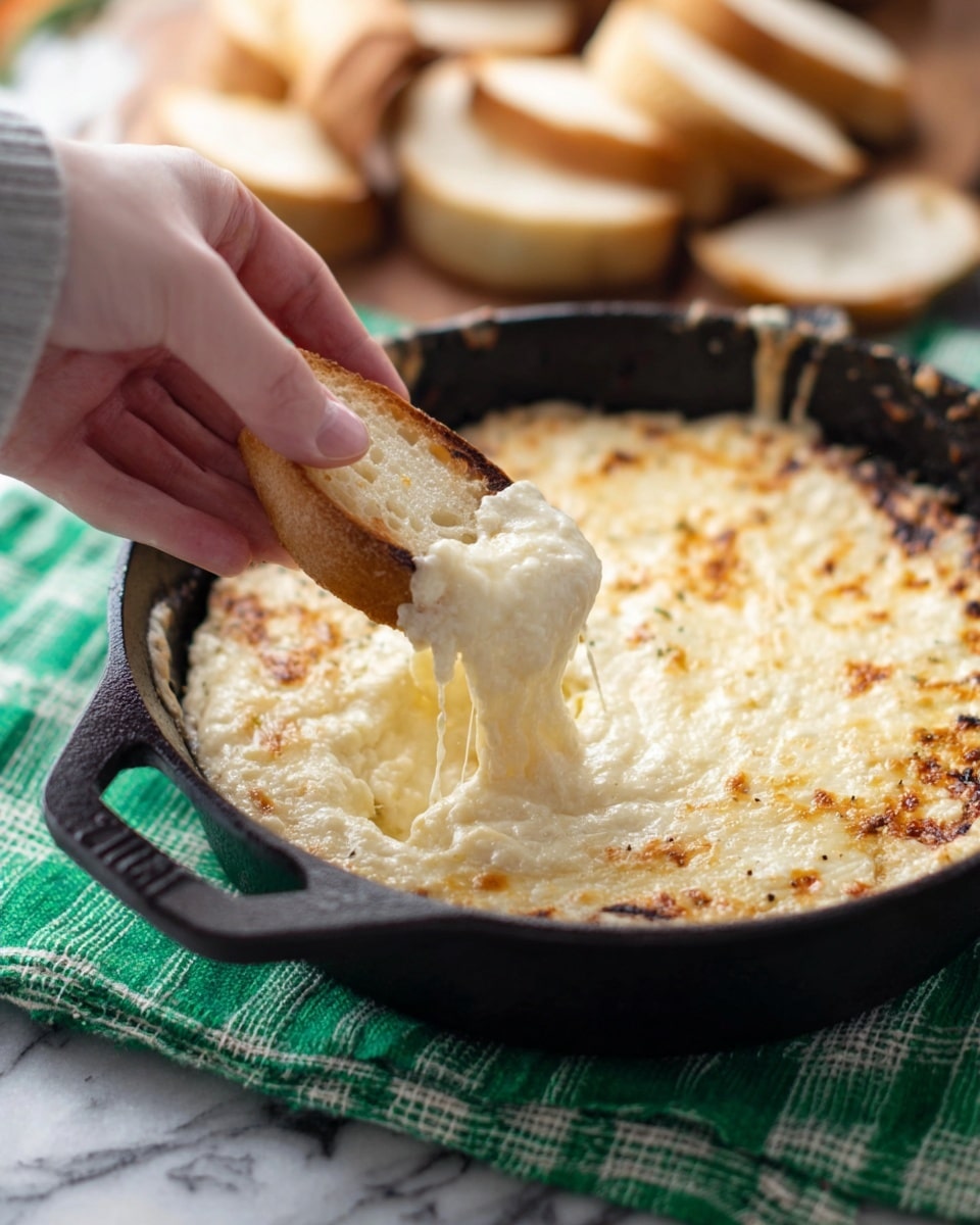 A black cast iron skillet filled with melted cheese that has a smooth, creamy texture and a light golden brown spotty top layer showing slight browning from baking; a woman's hand is dipping a slice of bread with a toasted crust and soft, airy white inside into the cheese, coating the bread with thick, gooey cheese. The skillet sits on a green and white checkered cloth on a white marbled surface, with blurred bread slices in the background. photo taken with an iphone --ar 4:5 --v 7