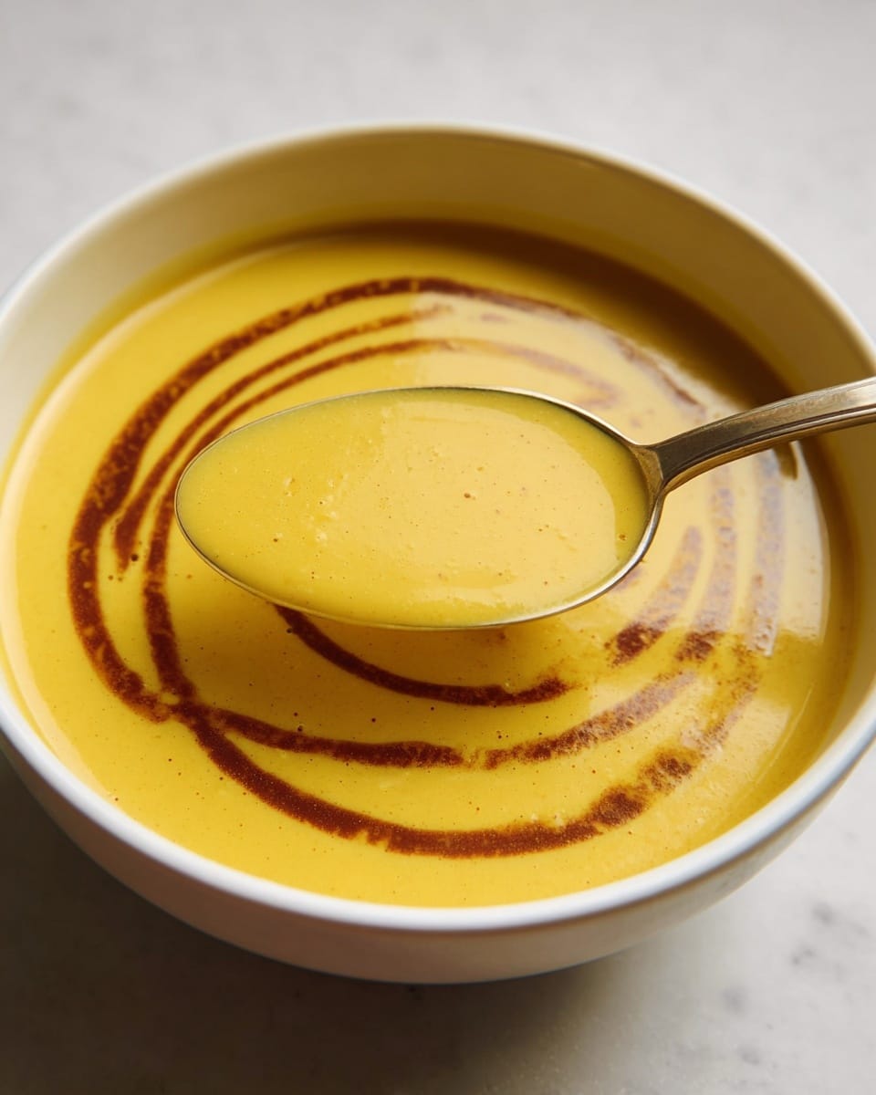 A white bowl filled with smooth, thick golden-yellow soup swirled with thin lines of darker brown sauce on top. A golden spoon is dipped into the soup, holding a small amount with a creamy texture. The bowl rests on a white marbled surface. photo taken with an iphone --ar 4:5 --v 7