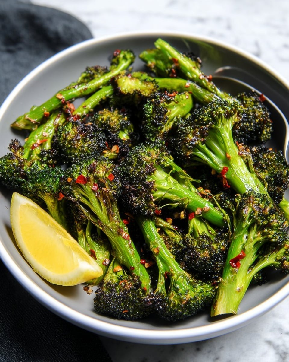 A bowl filled with roasted broccoli pieces, showing layers of dark green stalks and bright green florets with some parts browned and slightly crispy. The broccoli is sprinkled with small red chili flakes, adding a hint of color contrast. On the side of the bowl, there is a small lemon wedge with bright yellow skin and juicy inside. The bowl is white, placed on a white marbled textured surface. Photo taken with an iphone --ar 4:5 --v 7