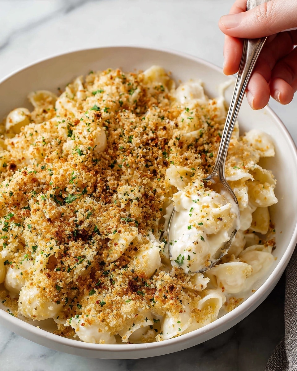 A close-up view of a creamy two-layer pasta dish served in a round white bowl on a white marbled surface, with a woman's hand holding a silver spoon scooping up the pasta. The bottom layer consists of cheesy pasta with a smooth, creamy white texture, while the top layer is a crumbly golden-brown breadcrumb topping sprinkled with small green herb bits, adding texture and color contrast. The dish shows the mixture of creamy and crunchy textures together, with parts of the breadcrumbs scattered on the pasta. Photo taken with an iphone --ar 4:5 --v 7
