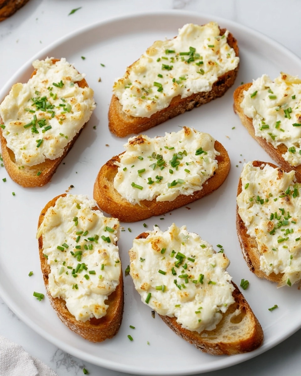 The image shows eight small slices of toasted bread arranged on a white plate, each slice topped with a thick, creamy white cheese spread that has been lightly browned on top, giving it a slightly golden texture. The spread looks fluffy and soft with a few small chunks, and all slices are sprinkled with small green chopped herbs, adding a fresh contrast. The bread slices have a light brown crust and a soft, slightly textured interior. The plate sits on a white marbled surface with some scattered bits of herbs around it. Photo taken with an iphone --ar 4:5 --v 7