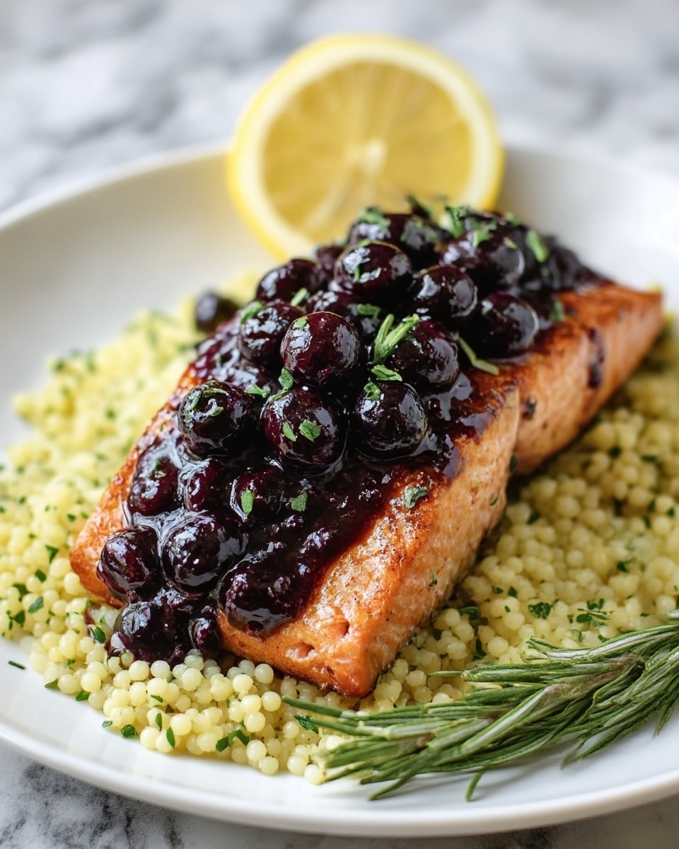 A cooked salmon piece sits on a bed of light yellow couscous mixed with small green herb leaves. The salmon is topped with a glossy, dark purple blueberry sauce with whole blueberries and small green herb sprigs scattered on top. A lemon wedge garnished with a fresh rosemary sprig is placed on the side of the couscous. The dish is served on a white plate with a white marbled surface background. photo taken with an iphone --ar 4:5 --v 7
