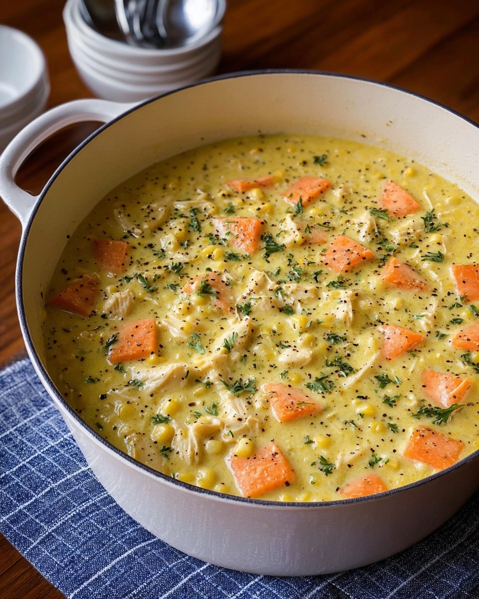 A big white pot filled with thick creamy soup showing layers of orange carrot slices, small white corn kernels, and pale chunks of chicken mixed in a smooth, light yellow broth, topped with green fresh herbs and little black pepper specks, sitting on a blue and white cloth on a brown wooden table with a pile of white bowls and spoons in the background on the table, photo taken with an iphone --ar 4:5 --v 7