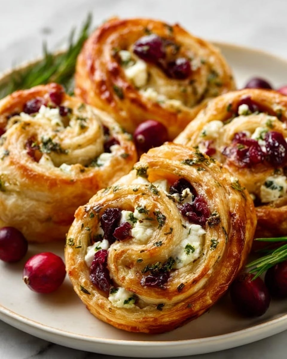 The image shows four golden-brown pastry rolls arranged closely together on a white plate, each roll swirled with a mixture of white cheese, dark red cranberries, and green herbs. The rolls have a flaky texture with slightly crispy edges and soft, layered interiors. Some whole cranberries sit on top and around the rolls, adding bright red spots of color. The background is a white marbled surface. Photo taken with an iphone --ar 4:5 --v 7