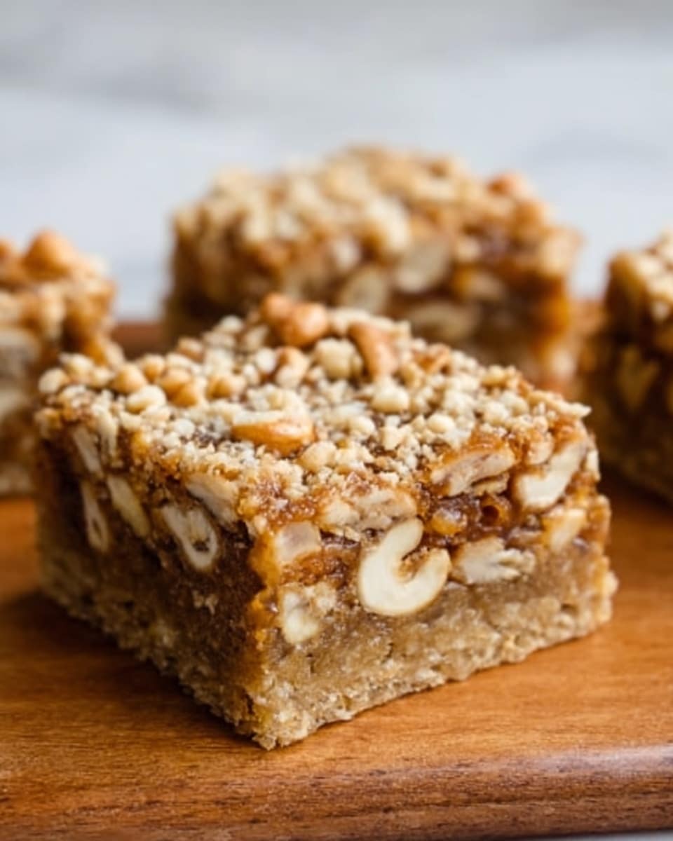 The image shows a close-up of a square nut bar resting on a smooth wooden board with two more nut bars blurred in the background. The nut bar has three visible layers: the bottom layer is a dense, light brown base with a slightly grainy texture; the middle layer is filled with a mix of chopped nuts and whole cashews, giving it a chunky and uneven surface with various shades of brown and cream; the top layer is a thin, crumbly coating sprinkled with finely chopped nuts that add a rough texture and a darker brown color. The background features a white marbled texture, making the nut bars stand out clearly. Photo taken with an iphone --ar 4:5 --v 7