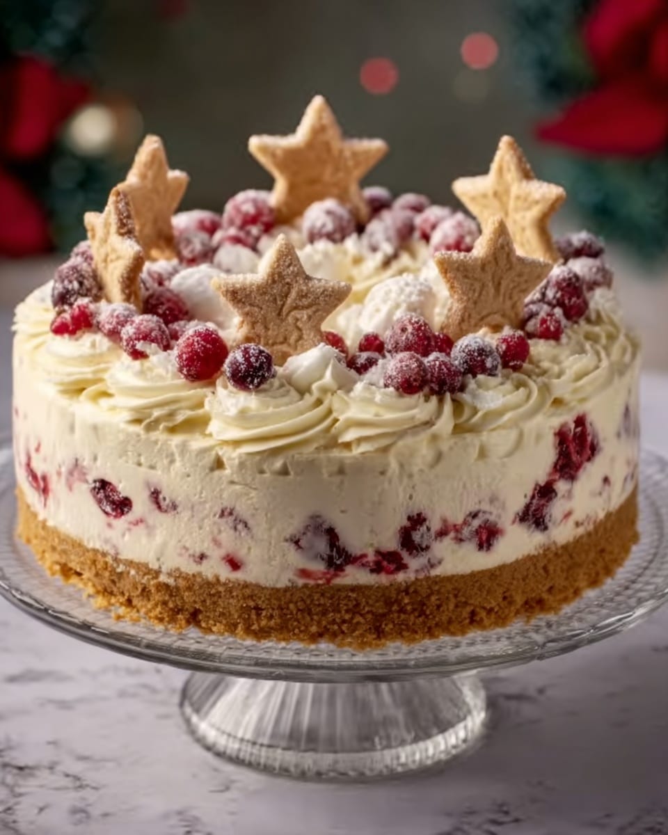 The image shows a round, three-layer cake on a glass stand, each layer clearly visible through the sides. The bottom layer is a light brown crumb base, the middle layer is white cream with small bright red fruit pieces, and the top layer is thick white cream decorated with swirls. On top, there are red and white berries scattered along with star-shaped cookies standing upright. The background is a white marbled surface with soft, festive green and red colors blurred in the distance. Photo taken with an iphone --ar 4:5 --v 7