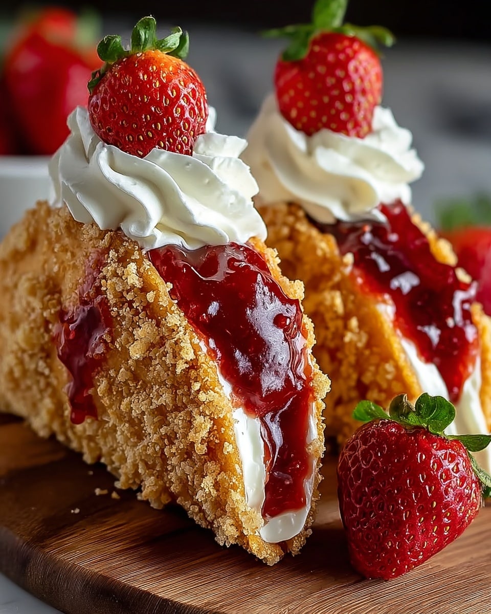 The image shows two dessert tacos standing side by side on a wooden board with a white marbled texture surface beneath them. Each taco has a crunchy, golden-brown shell coated with a crumbly texture. Inside the shell, there is a thick layer of white creamy filling topped by a generous spread of glossy, deep red strawberry jam. On top of each taco, there is a swirl of white whipped cream crowned with a halved red strawberry with green leaves. A whole fresh strawberry with green leaves lies next to the tacos, adding a natural touch. Photo taken with an iphone --ar 4:5 --v 7
