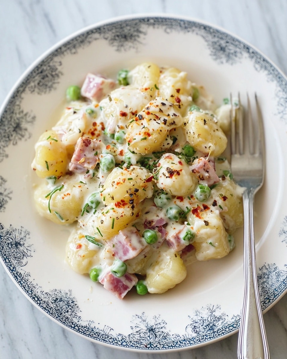 The dish shows a close-up of a creamy baked gnocchi covered in melted cheese with browned spots, making a bubbly, golden texture on top. The gnocchi are plump and soft, with some green peas scattered evenly throughout, adding small pops of bright green color. Chunks of pink ham are mixed inside, contrasting with the pale sauce and cheese. Small green herbs are sprinkled across the surface, offering additional color and texture. The dish is served in a white pan visible at the edges, set on a white marbled texture background. photo taken with an iphone --ar 4:5 --v 7