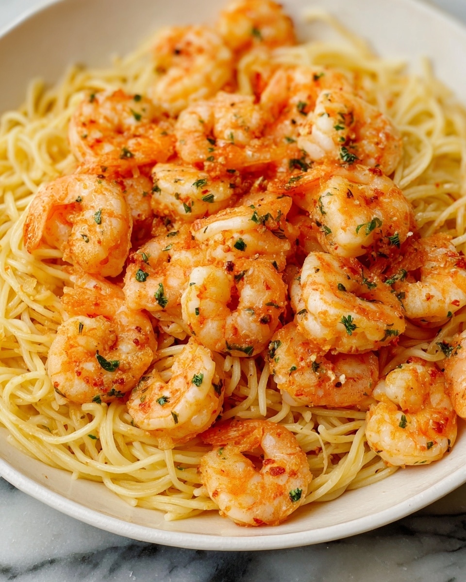A close-up view of a dish in a white bowl showing two main layers. The bottom layer consists of thin, yellowish spaghetti noodles that are soft and slightly shiny. The top layer is full of cooked shrimp that have a warm orange and light pink color with subtle char marks, giving a juicy and tender look. The shrimp are scattered evenly and sprinkled with small bits of green herbs. The bowl sits on a white marbled surface. Photo taken with an iphone --ar 4:5 --v 7
