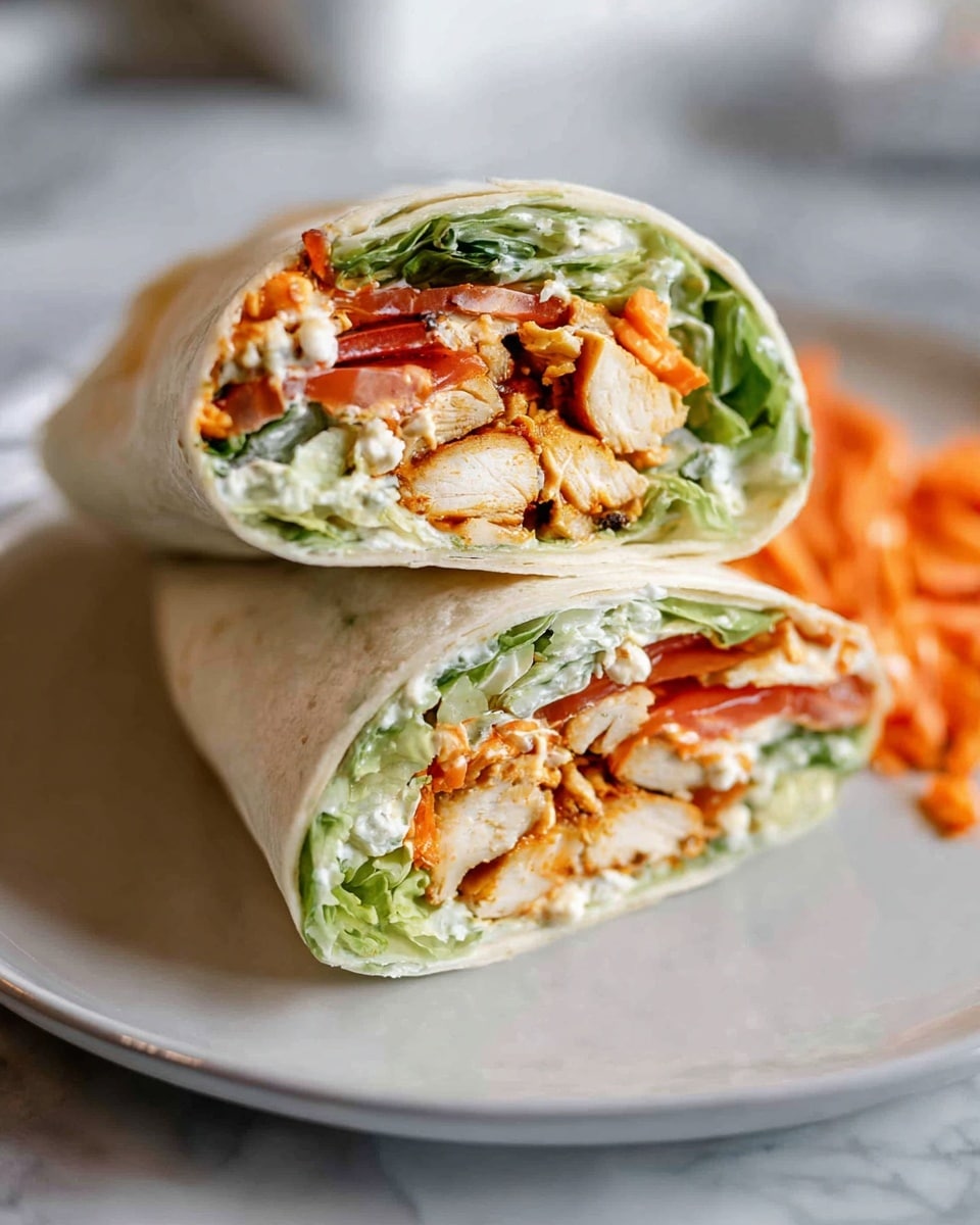 A white plate holds two halves of a wrap stacked on top of each other, showing three clear layers inside: the outer white soft tortilla, inside this a layer of green leafy lettuce with thin slices of red tomatoes, a thick layer of grilled chicken pieces with a light golden-orange color, and some shredded carrots adding bright orange texture; there is also a creamy white cheese sprinkled on top. Small pieces of shredded carrots are scattered around the plate, with a white marbled texture as the surface background. photo taken with an iphone --ar 4:5 --v 7