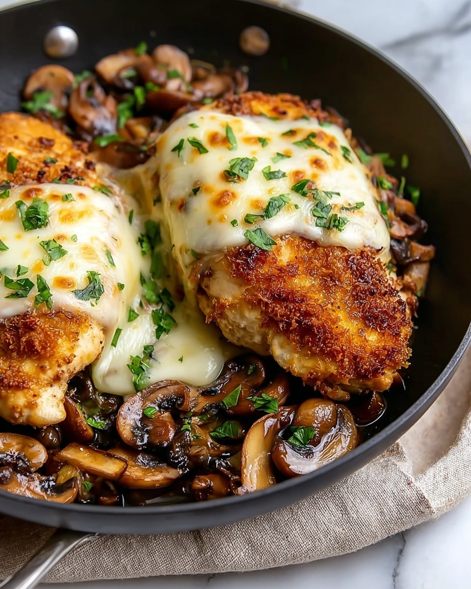 The image shows two browned, crispy chicken breasts in a black pan, each topped with melted white cheese that drips slightly over sautéed brown mushrooms underneath. Small green herb pieces are sprinkled over the chicken and cheese, adding a fresh contrast. The chicken has a golden, textured crust and sits on a bedding of shiny mushrooms with a tender and juicy look. The pan rests on a white marbled texture, with a beige cloth partially visible under the pan's handle and a woman's hand holding the pan. Photo taken with an iphone --ar 4:5 --v 7