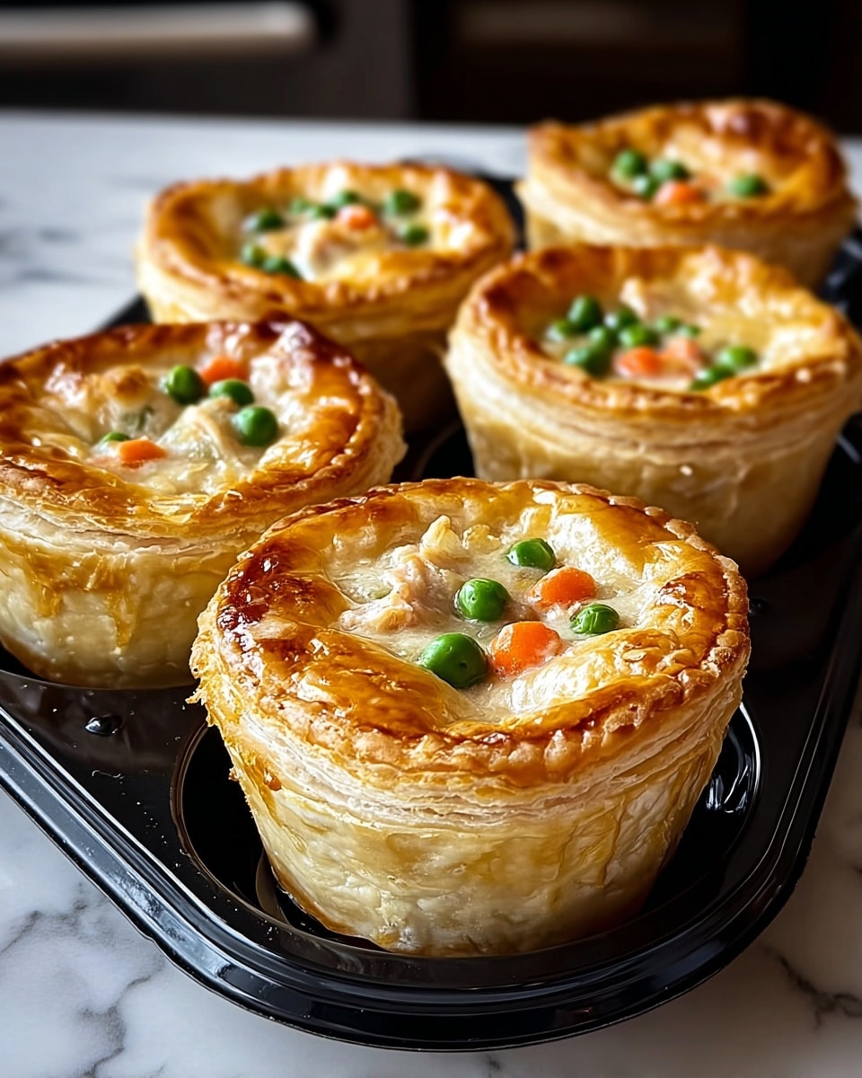 Five small round chicken pot pies are placed on a black circular tray with sections. Each pot pie has a golden, flaky puff pastry crust that is thick and slightly puffed on the edges. The center of each pie reveals a creamy filling with visible green peas and small pieces of carrot and chicken. The pies have a glossy, shiny finish from the baked crust. The tray sits on a white marbled surface with a blurred kitchen background. photo taken with an iphone --ar 4:5 --v 7