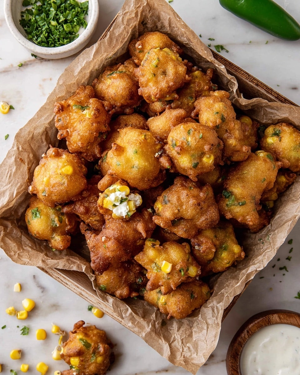 A large pile of golden brown, crispy corn fritters fills a square white tray lined with crumpled brown paper. The fritters are irregularly shaped with rough, crunchy edges, and bits of corn and green herbs peek through the fried batter. A few loose corn kernels are scattered on the white marbled surface around the tray along with a couple of small fritters, one of which shows its soft, yellow corn and white interior inside. On the left, a small white bowl filled with chopped green herbs sits near the fritters. On the right, a small wooden bowl contains a smooth white dipping sauce. A green chili pepper rests on the white marbled surface in the background. Photo taken with an iphone --ar 4:5 --v 7