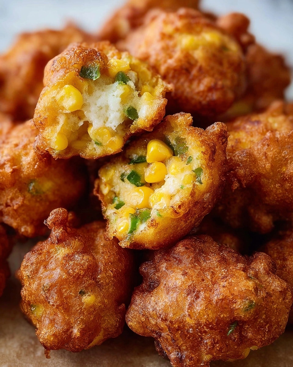 A pile of golden brown, crispy fried corn fritters fills the frame, each fritter showing a rough and bubbly texture on the outside. One fritter is broken open on top, revealing a soft inside with white, fluffy dough mixed with bright yellow corn kernels and small green pepper pieces. The fritters are closely stacked together, creating a rich, warm, and crunchy look against a white marbled textured surface. photo taken with an iphone --ar 4:5 --v 7