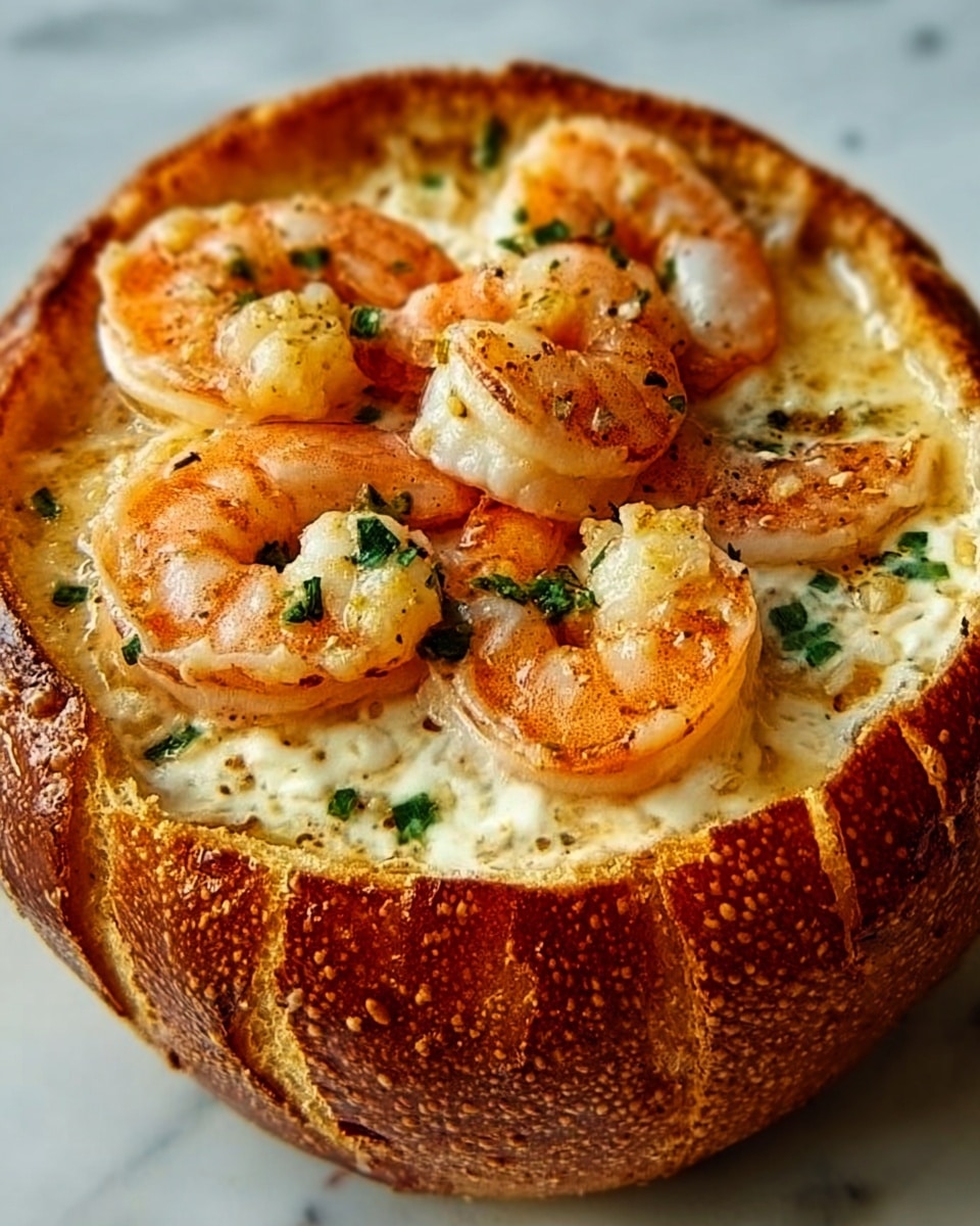 A creamy shrimp dish served inside a round bread bowl with a golden-brown crust. The top layer shows cooked shrimp with a pink-orange color and a slight glaze, seasoned with small green herb pieces and black pepper flakes. Beneath the shrimp, the creamy sauce is visible, thick and white with a smooth texture, filling the bread bowl fully. The bread bowl's crust is crispy and textured, with a warm, shiny, golden color. The dish sits on a surface with a white marbled texture. photo taken with an iphone --ar 4:5 --v 7