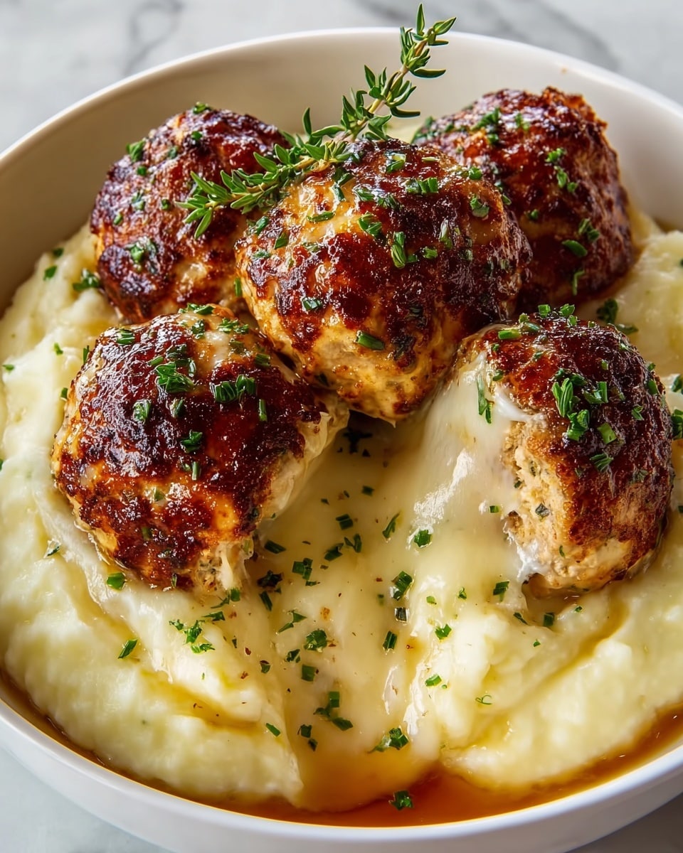 A close-up view of five browned meatballs with a crispy, golden crust, sitting on a bed of smooth, creamy mashed potatoes in a white bowl. One meatball is cut open, revealing melted, gooey cheese oozing out. The meatballs and cheese are sprinkled with finely chopped green herbs, and a small sprig of fresh thyme is placed on top for garnish. The mashed potatoes have a soft, thick texture, and some brown sauce is visible around the edge. The bowl is placed on a white marbled surface. photo taken with an iphone --ar 4:5 --v 7