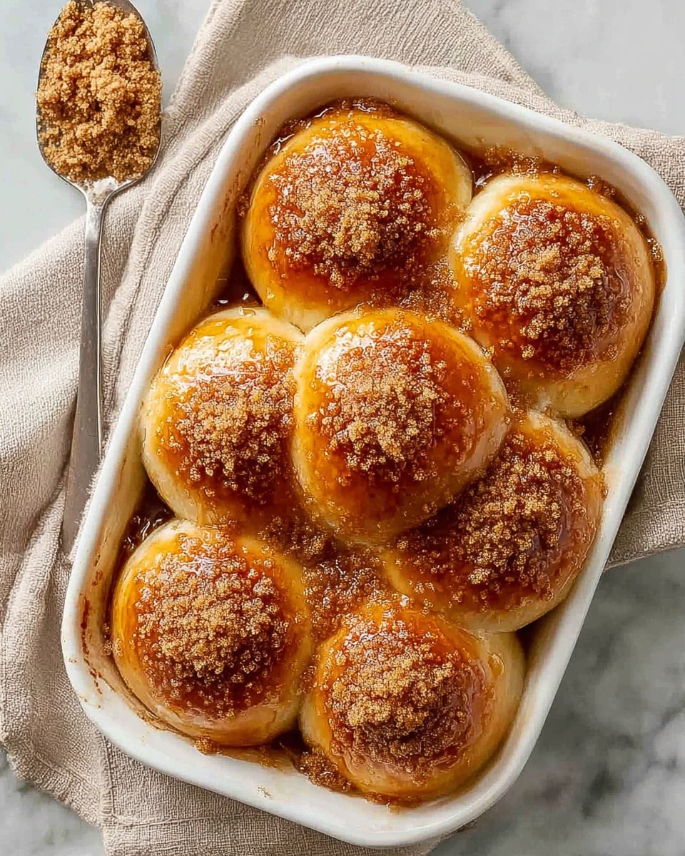 The image shows a white rectangular baking dish filled with eight soft, round bread rolls placed close together, each topped with a golden brown glaze that looks shiny and sticky. The rolls have a light tan color with a darker brown sugar and cinnamon crumb topping sprinkled evenly on top, giving them a textured and slightly rough look. Some syrup or melted butter pools slightly around the edges of the rolls, creating a glossy effect. The baking dish sits on a beige cloth over a white marbled surface, with a silver spoon filled with more crumb topping resting beside it. photo taken with an iphone --ar 4:5 --v 7