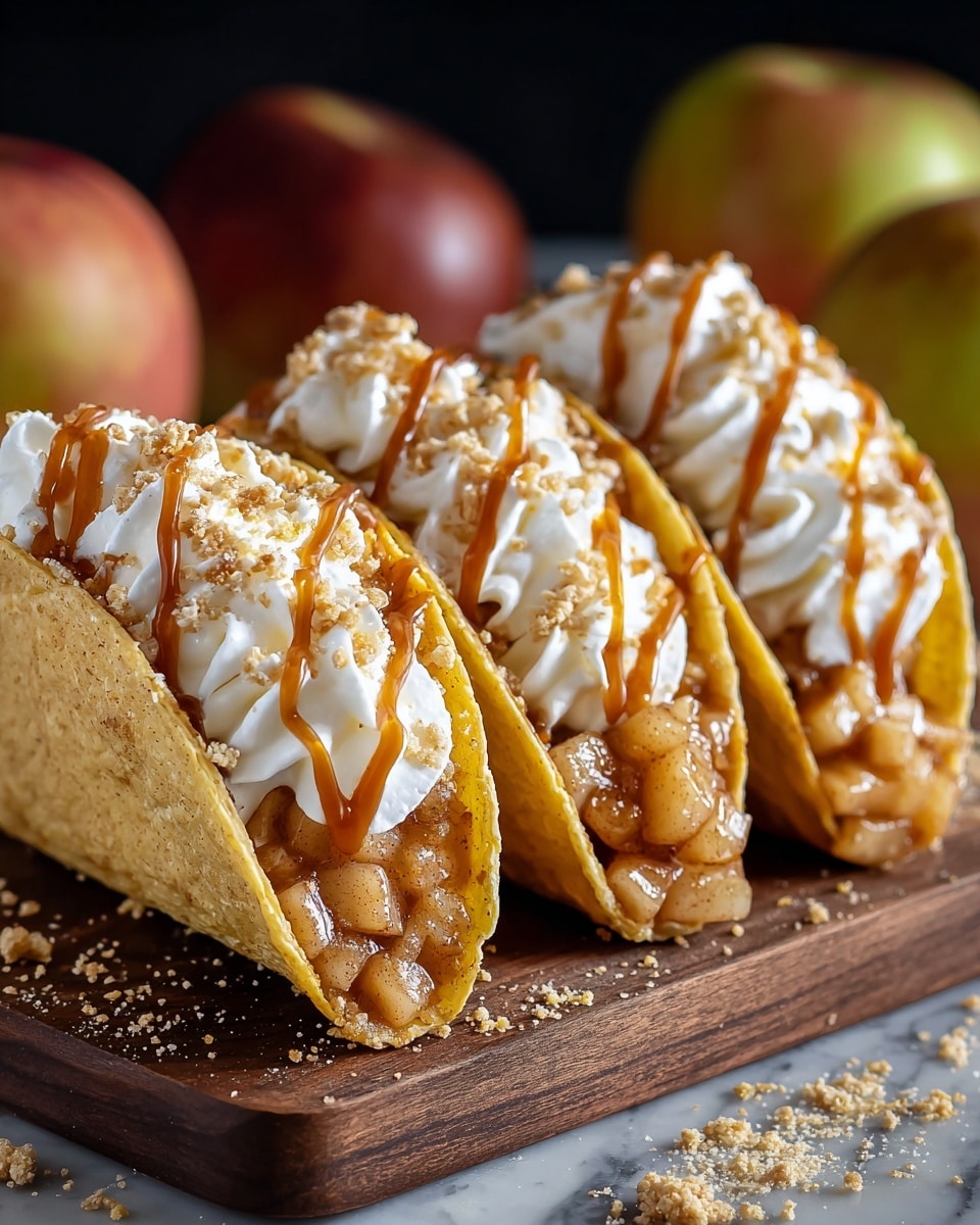 Three soft yellow taco shells stand upright on a dark wooden board, each filled with a chunky apple filling that is light brown with cinnamon specks. On top of the apple mixture is a generous swirl of white whipped cream, drizzled with rich amber caramel sauce and sprinkled with fine beige crumbs. The wooden board has scattered crumbs around the tacos, and two apples are softly blurred in the dark background. The surface under the board is a white marbled texture. photo taken with an iphone --ar 4:5 --v 7