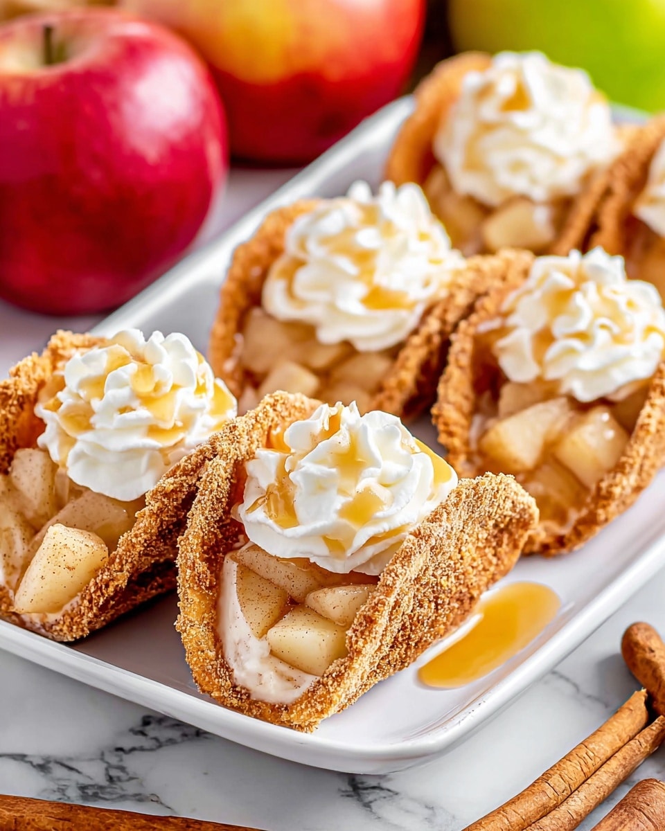 The image shows four small taco-shaped treats on a white rectangular plate placed on a white marbled surface. Each treat has three layers: the bottom and side shell is a crispy, golden-brown crust with a rough texture, filled with a creamy, light beige apple filling that has visible small apple pieces. On top of the filling, there is a dollop of smooth, fluffy white whipped cream, drizzled with golden caramel sauce that also slightly pools on the plate. In the background, there are red and green apples and cinnamon sticks for decoration. photo taken with an iphone --ar 4:5 --v 7