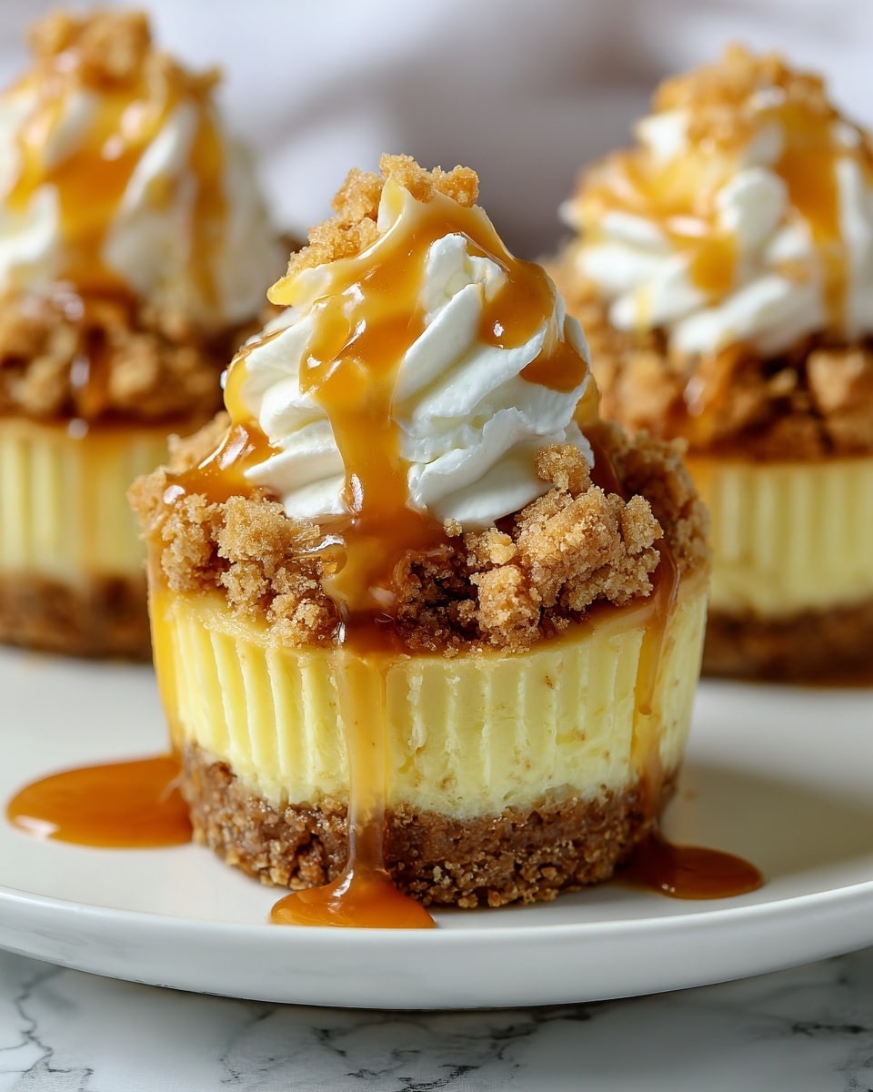 The image shows a close-up of a small cheesecake with three main layers on a white plate sitting on a white marbled surface. The bottom layer is a thick crumbly crust made of crushed cookies or graham crackers with a brown, grainy texture. The middle layer is a smooth, creamy yellow cheesecake filling with a slightly ridged edge from the cupcake liner. The top layer consists of a rough, golden-brown crumble topping that looks crunchy and sweet. On top of that is a swirl of white whipped cream, drizzled generously with golden caramel sauce that lightly drips down the sides. The lighting highlights the rich textures and warm colors, making the dessert look soft and inviting. photo taken with an iphone --ar 4:5 --v 7