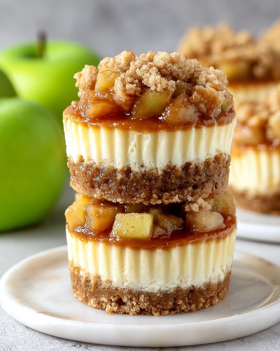 Two mini cheesecakes are stacked on a white plate with a white marbled texture, each having four distinct layers. The bottom layer is a dense, crumbly light brown crust. Above that is a smooth, creamy pale yellow cheesecake layer with ridges on the sides. The third layer consists of glossy, caramelized apple chunks in a rich amber sauce. The top layer is a crumbly streusel topping, lightly dusted with cinnamon, in a tan color with some nut pieces. In the background, blurred whole green apples sit against a soft gray backdrop. Photo taken with an iphone --ar 4:5 --v 7
