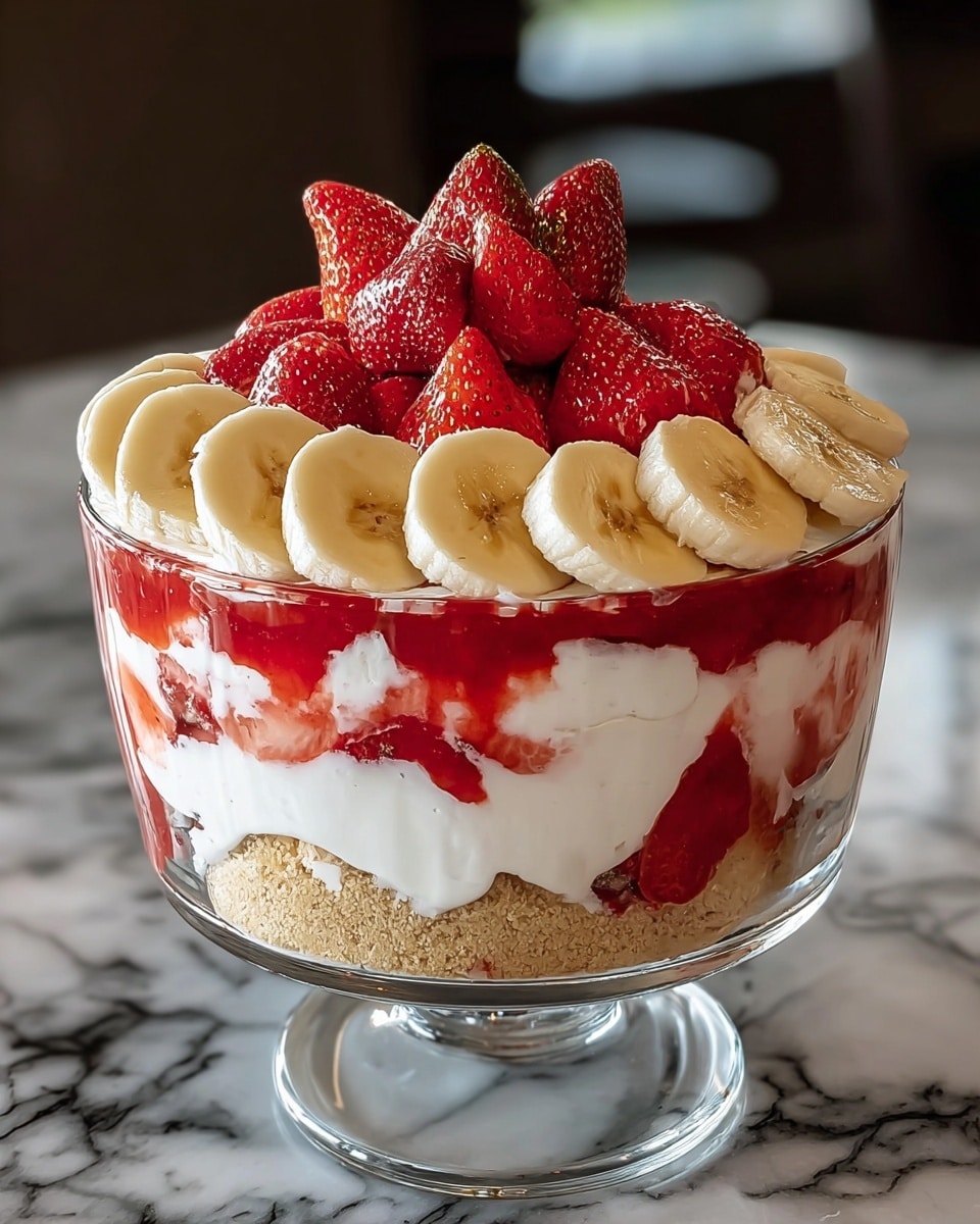 This dessert in a clear glass bowl has four visible layers. The bottom layer is a light tan crumbly base. Above that is a white creamy layer with a bright red, slightly runny strawberry sauce drizzled over it. The third layer shows more white cream and strawberry sauce mixed together. The top is covered with banana slices arranged in a circle, with whole and halved strawberries piled up in the center, showing red and green colors. The dessert sits on a white marbled surface. photo taken with an iphone --ar 4:5 --v 7