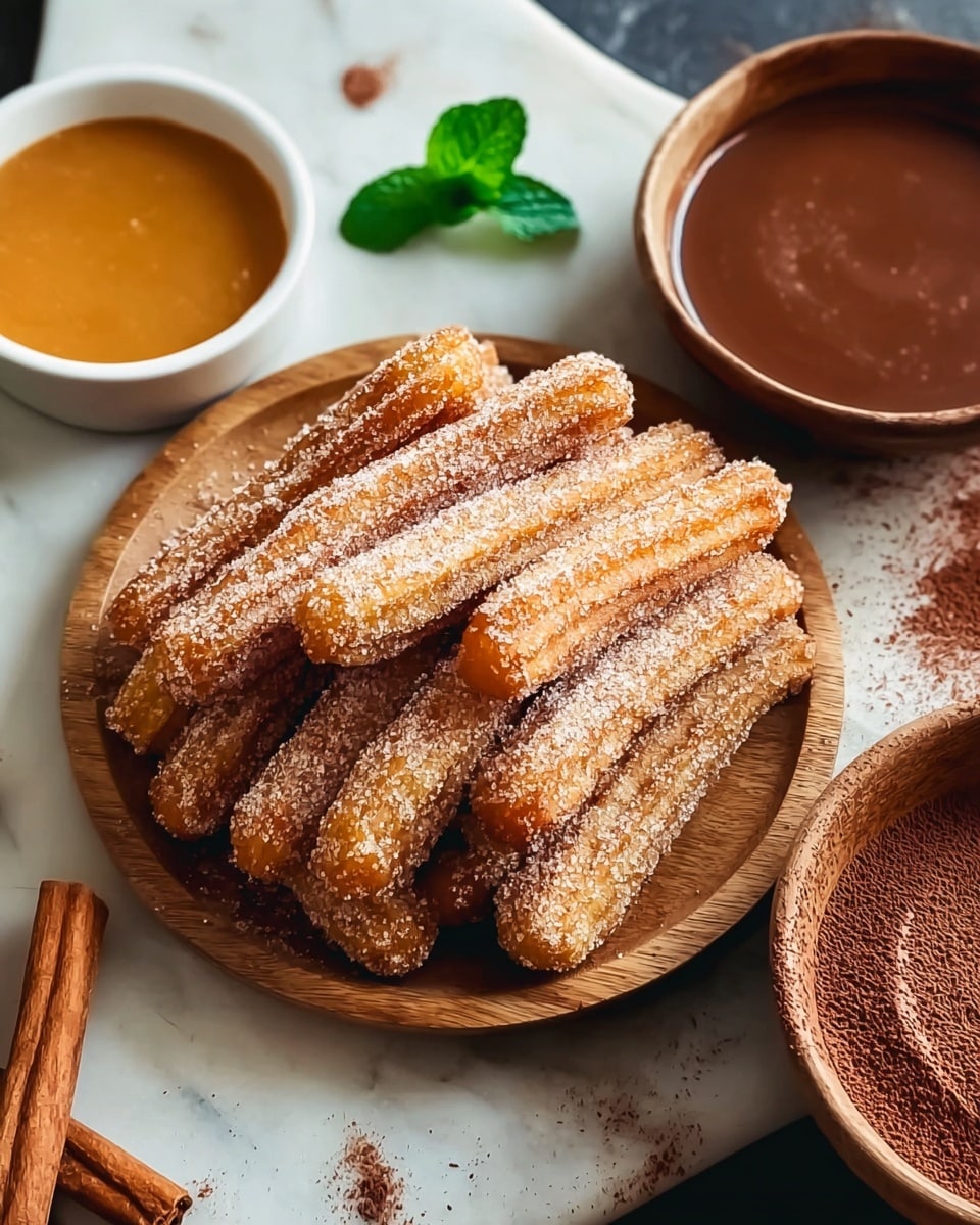 A round wooden plate filled with a pile of golden-brown churros covered in a sparkly layer of sugar and cinnamon powder, each churro having a slightly rough and crispy texture. Near the plate, there is a small white bowl filled with golden caramel sauce that appears smooth and shiny, and a larger bowl partially visible on the right side filled with thick chocolate sauce dusted lightly with fine cocoa powder on top. The scene is set on a white marbled textured surface with a cinnamon stick and a fresh green mint leaf placed nearby for decoration. Photo taken with an iphone --ar 4:5 --v 7