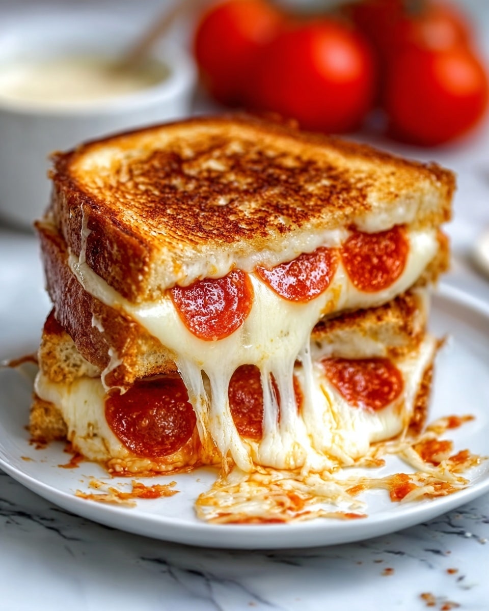The image shows a grilled sandwich cut in half, stacked with two layers clearly visible. The top and bottom slices of bread are golden brown with a crispy texture. Inside, the first layer has melted cheese stretching out, and the second layer features round pepperoni slices with a glossy, slightly oily look. The sandwich sits on a white plate, on a white marbled surface, with some melted cheese and small bits of pepperoni sauce spilling outside. In the background, blurred red tomatoes and a cup of creamy sauce add color contrast. Photo taken with an iphone --ar 4:5 --v 7