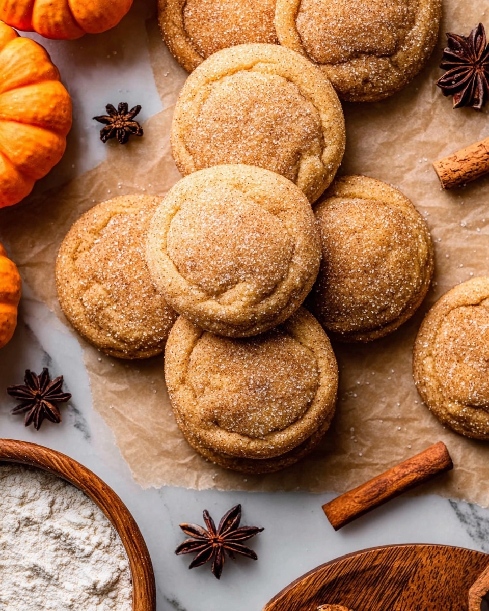 A close-up view of a stack of round, soft-looking cookies with a light brown color and a slightly cracked surface sprinkled with sugar crystals, arranged closely together over light brown parchment paper. Around the cookies, there are two small orange pumpkins on the bottom left and top right edges, dark brown star anise pods, and several cinnamon sticks with a rough texture scattered nearby. In the bottom left corner, there is a small wooden bowl filled with fine white powder, and a wooden board is partially visible on the right side. The whole setup sits on a white marbled texture. photo taken with an iphone --ar 4:5 --v 7