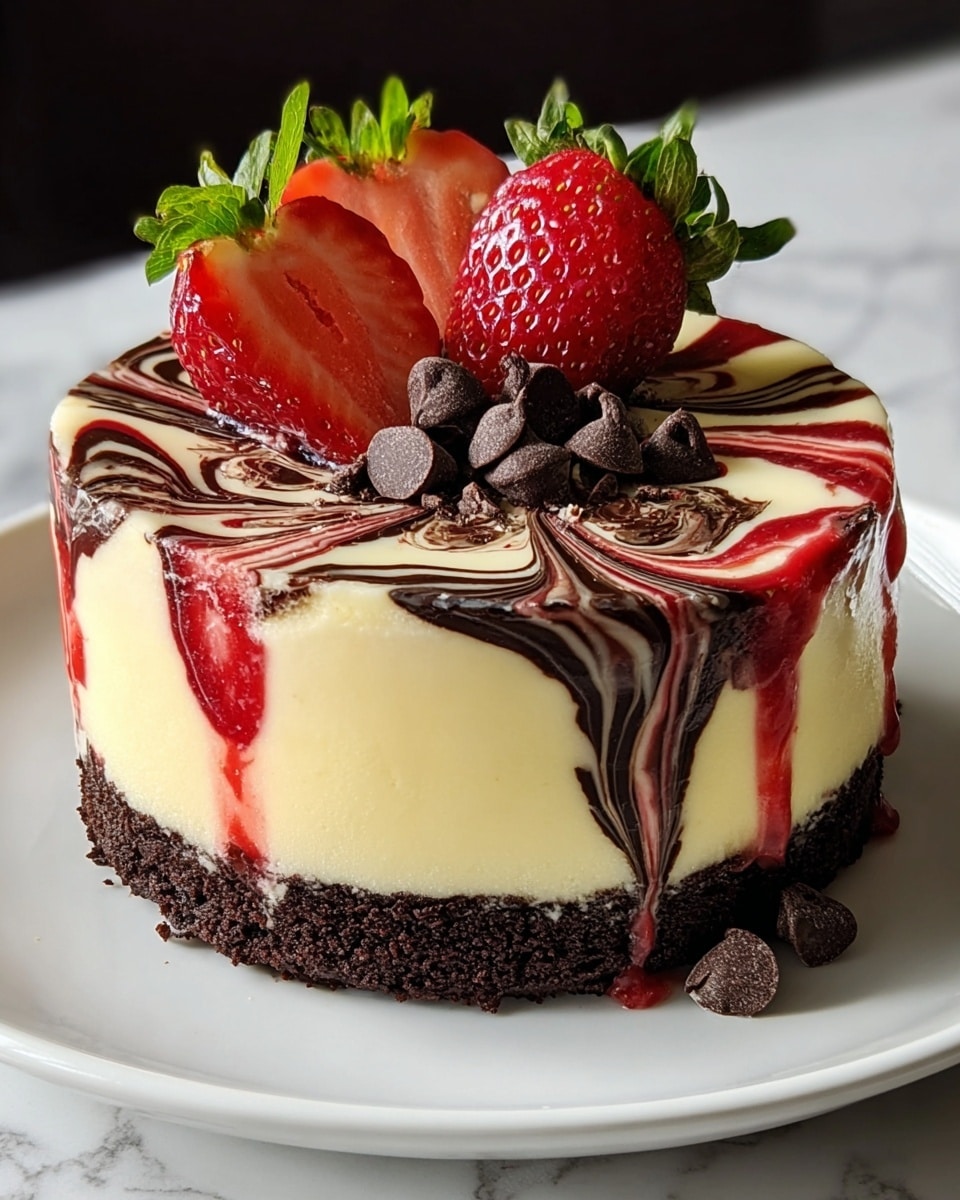 A small round cake with three visible layers sits on a white plate over a white marbled texture. The bottom layer is dark brown and crumbly, looking like a chocolate crust. The middle layer is thick and creamy, pale yellow in color. The top layer is decorated with swirling patterns of dark chocolate and red fruit sauce that drip down the sides. On top of the cake, there are three fresh strawberries, two cut in half showing their red interior and green leaves, and one whole strawberry. Scattered chocolate chips rest among the strawberries, adding texture and color contrast. photo taken with an iphone --ar 4:5 --v 7