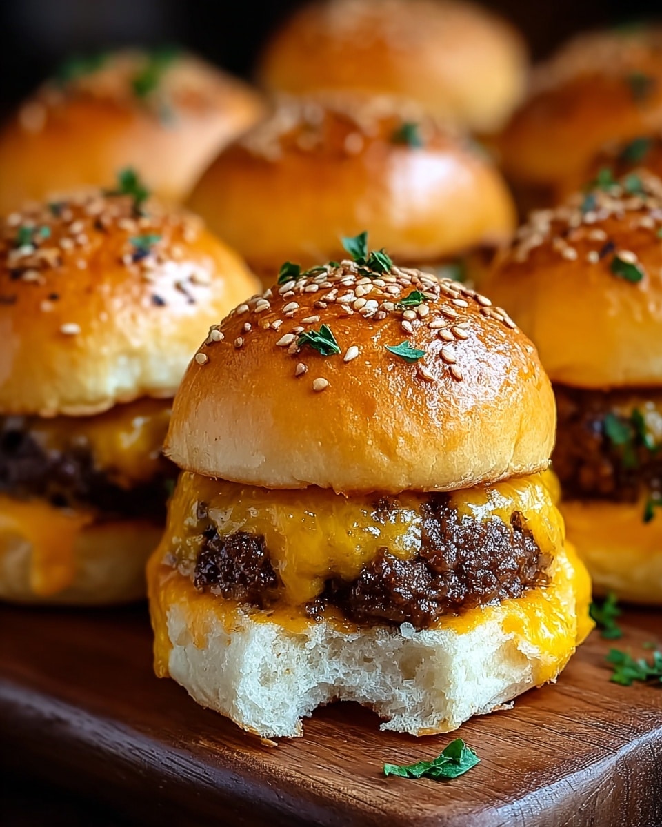 The image shows a close-up of six small cheeseburgers arranged closely on a wooden surface. Each burger has three layers: the top layer is a shiny, golden-brown sesame seed bun sprinkled with small green herb pieces, the middle layer is a juicy, dark brown beef patty, and the bottom layer is melted, bright orange cheddar cheese that drips slightly over the edge of the bottom white bun. The buns have a soft, fluffy texture and the cheese looks creamy and smooth. The background is softly blurred, focusing on the front cheeseburger with part of the top bun bitten off, showing the soft inside. Photo taken with an iphone --ar 4:5 --v 7