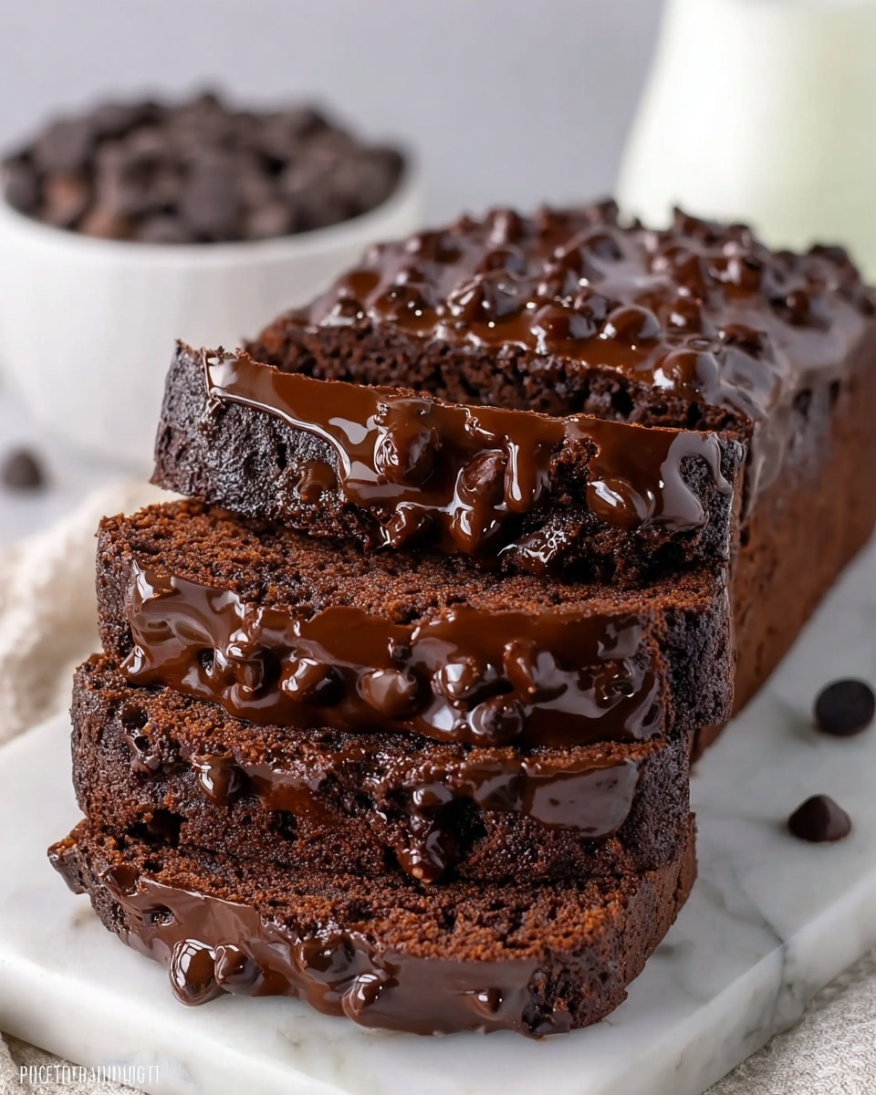 The image shows three slices of chocolate loaf cake stacked on a white marbled surface, all covered with a shiny layer of melted chocolate and sprinkled with chocolate chips on top. The loaf has a dark brown, moist texture with a dense crumb that is visible on the open sides of the slices. Some chocolate chips are embedded in the cake, and the melted chocolate glaze glistens, dripping slightly down the edges. In the background, there is a white bowl filled with more chocolate chips and part of a white container, adding to the chocolate theme. photo taken with an iphone --ar 4:5 --v 7