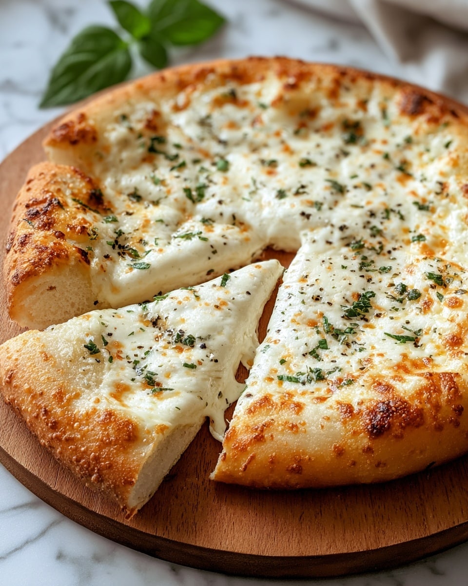 This image shows a white flatbread pizza cut into rectangular slices placed on a wooden board. The pizza has one visible layer of light golden crust topped with a white creamy sauce. On top of the sauce, there are small pieces of cooked chicken breast colored pale brown, scattered evenly across the pizza. Melted mozzarella cheese with bubbly, slightly browned spots covers the whole surface. Small pieces of finely chopped red onion and green parsley are sprinkled on top. The background is a white marbled texture. Photo taken with an iphone --ar 4:5 --v 7