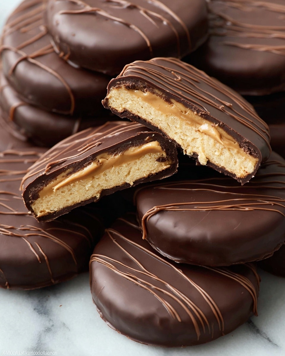 A close-up view of several round chocolate-covered treats stacked together, each with a smooth, glossy dark chocolate outer layer decorated with thin, wavy chocolate lines on top. One piece is cut in half, revealing two internal layers: a light yellowish, soft biscuit-like base at the bottom and a creamy, light tan peanut butter filling above it. The chocolate coating is thick and rich, encasing the layers evenly. The treats rest on a surface with a white marbled texture. photo taken with an iphone --ar 4:5 --v 7