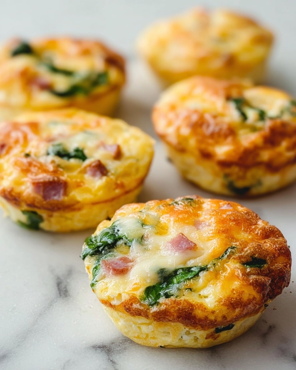 The image shows five small round egg muffins placed on a white marbled surface. Each muffin has a golden brown top with slightly crispy edges, showing a mix of light yellow cooked eggs, melted cheese layers, and specks of green spinach scattered throughout. Small bits of pink ham are visibly mixed into the soft, fluffy egg base. The muffins vary slightly in color and texture on the surface, with the front muffin more in focus and showing melted cheese pooling gently on top. The background is softly blurred, highlighting the muffins’ warm and inviting appearance. Photo taken with an iphone --ar 4:5 --v 7