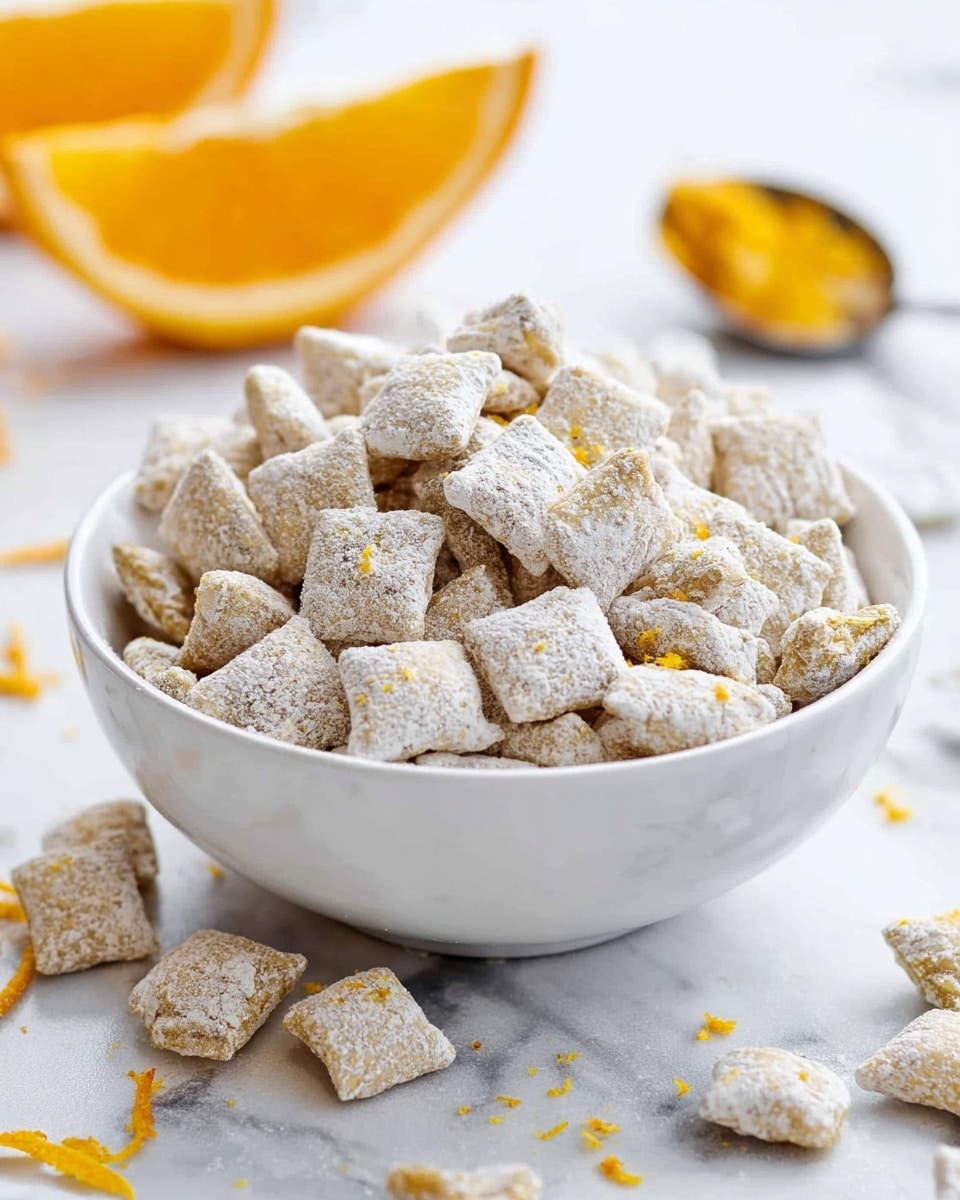 The image shows a white bowl filled with small square snack pieces that are light beige in color and dusted with a white powder coating, giving them a slightly rough texture. The bowl is placed on a white marbled surface, with two sliced orange wedges in the background on the left side and a metal spoon with orange zest on it in the background on the right side. Some snack pieces are scattered around the bowl, adding to the casual feel of the scene. The photo is taken with an iphone --ar 4:5 --v 7