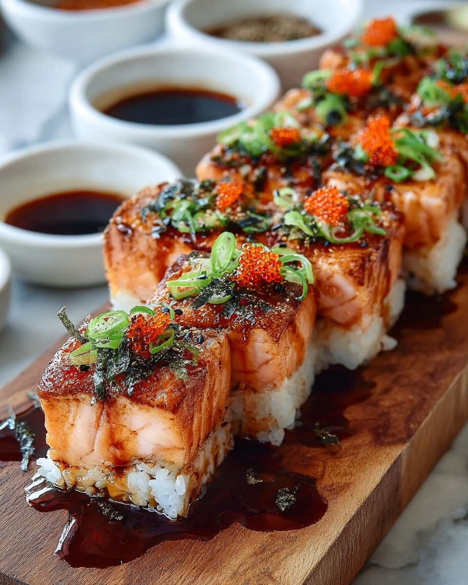 This image shows a row of salmon sushi cubes on a wooden board. Each sushi cube has two layers: the bottom layer is white rice with a soft, sticky texture, and the top layer is a thick slice of seared salmon with a slightly charred, shiny surface. On top of the salmon, there are small bright orange fish eggs, thin green scallion slices, and dark green seaweed strips scattered with sesame seeds. A glossy dark sauce is drizzled over the top and pools on the wooden board around the sushi pieces. In the blurry background, there are white bowls containing dark soy sauce and spices, all set on a white marbled texture. photo taken with an iphone --ar 4:5 --v 7